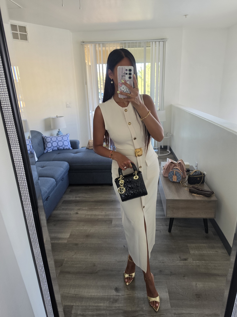 Zara Cream Button-Front Midi Dress with Gold Accents - Picture 5 of 17